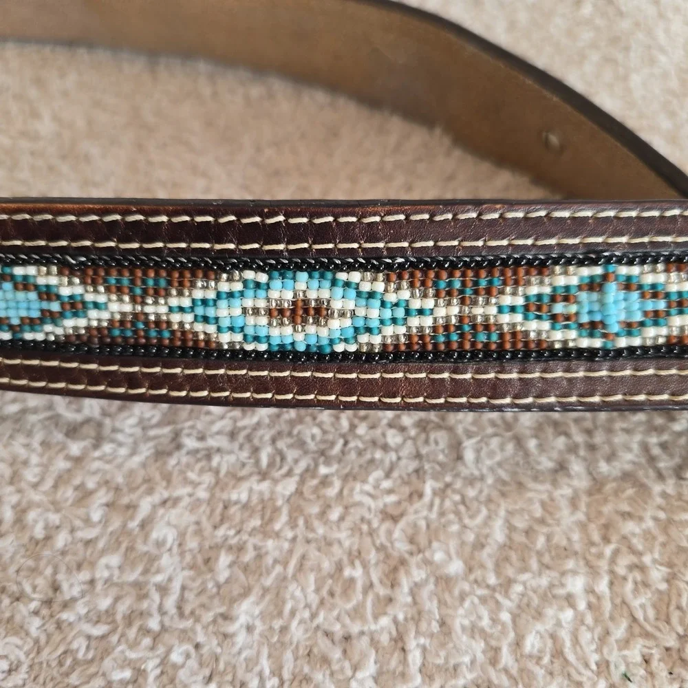 NOCONA Belt Co Unisex Sz 40 Western Beaded Leather Silver Buckle Belt Rodeo